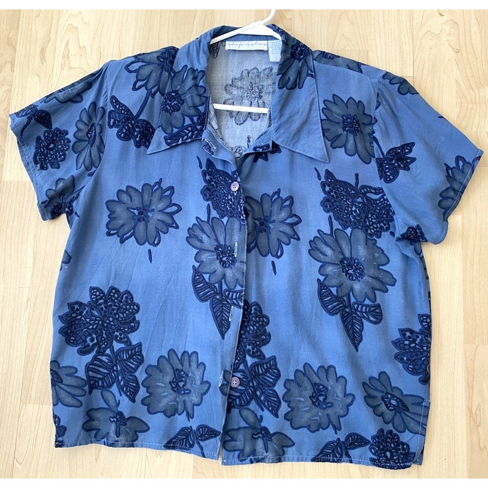Vintage Ship N Shore Women's XL Shirt Blouse Floral Button Up Side Slit